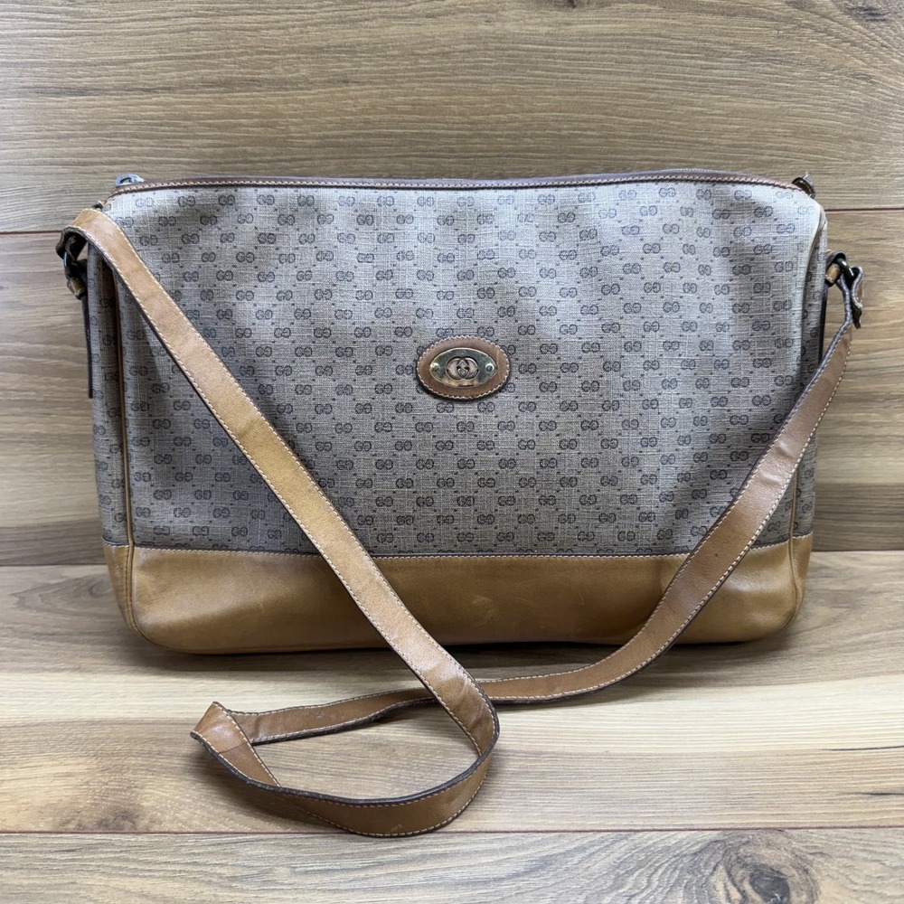 GUCCI Vintage Monogram Large Zip Shoulder Bag Canvas‎ And Leather Trim